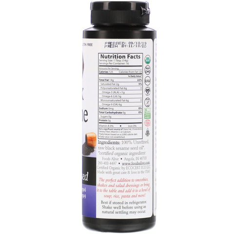 Foods Alive, Aceite de sésamo negro prensado en frío artesanalmente, 8 fl oz (236 ml)