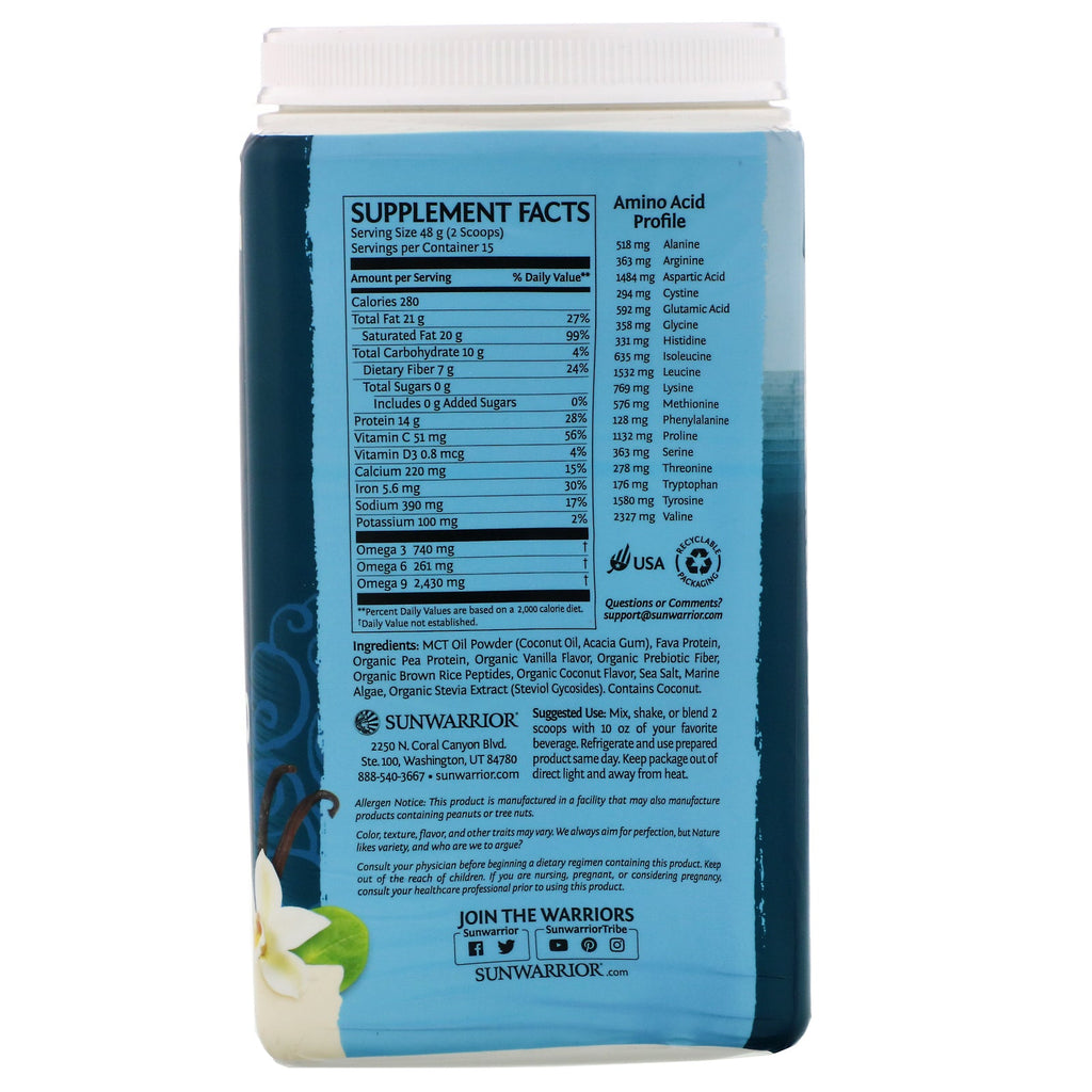 Sunwarrior, plantebaseret ren keto, tropisk vanilje, 1,59 lb (720 g)