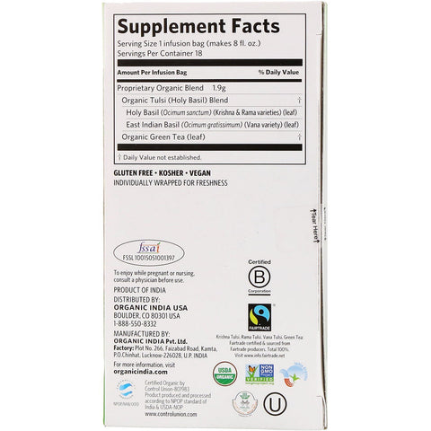 Indien, Tulsi te, grøn, 18 infusionsposer, 1,21 oz (34,2 g)