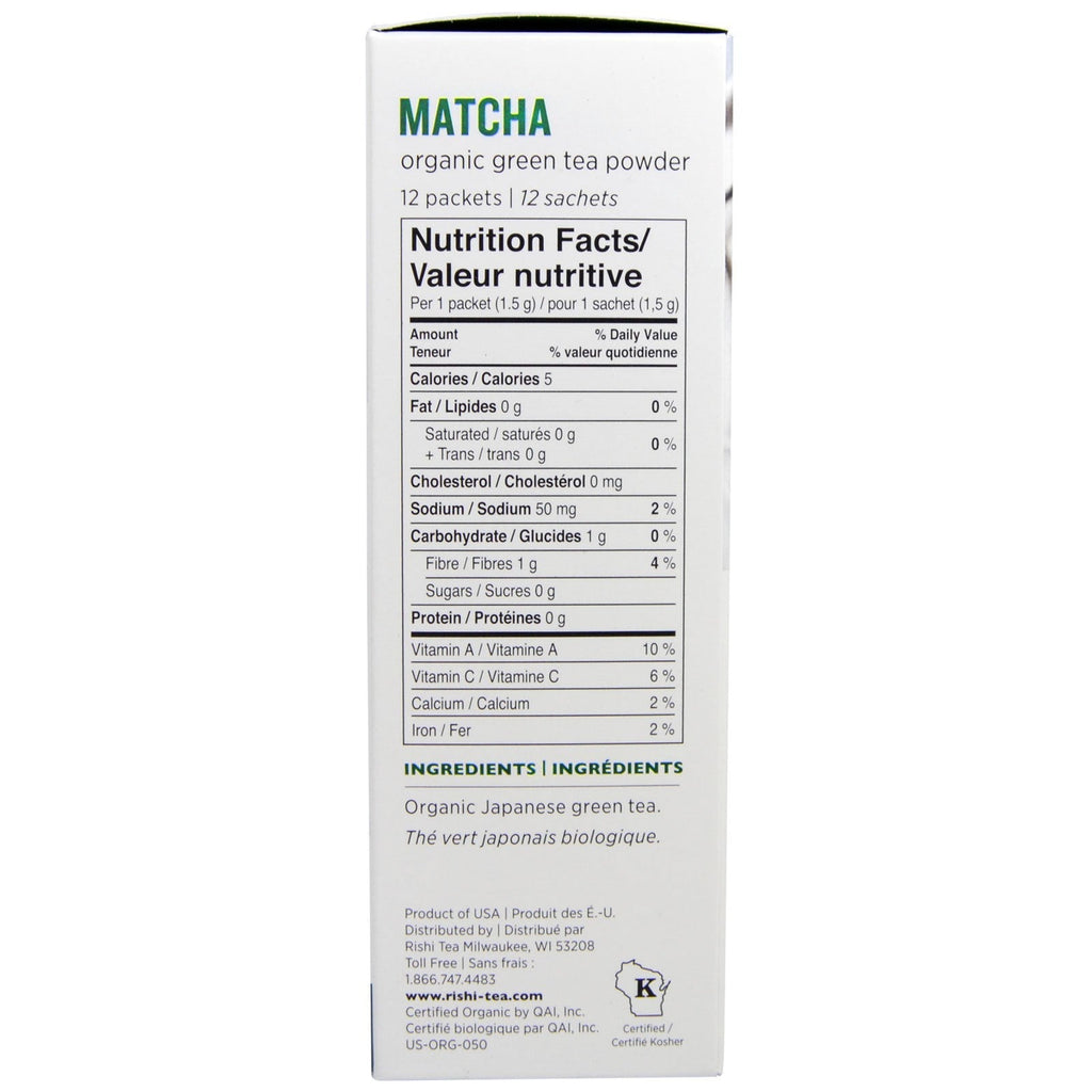 Rishi-te, Matcha, grønt-te-pulver, 12 pakker, 0,63 oz (18 g)
