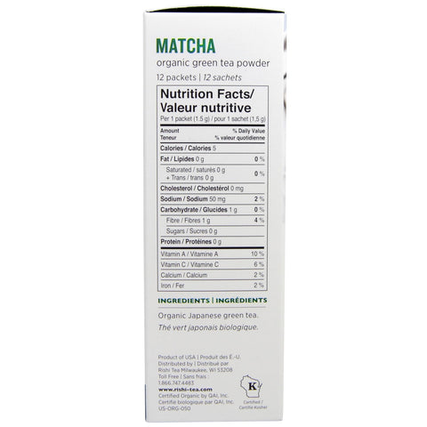Rishi-te, Matcha, grønt-te-pulver, 12 pakker, 0,63 oz (18 g)