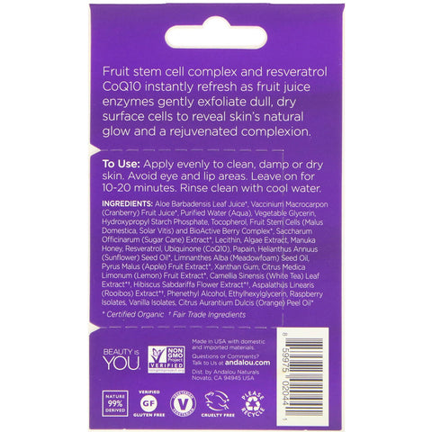 Andalou Naturals, Instant Age Defying, 8 Berry Fruit Enzyme Beauty Face Mask, 0,28 oz (8 g)