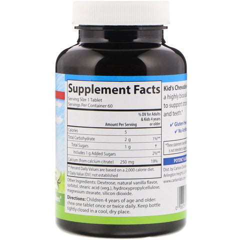 Carlson Labs, børn, tygbart calcium, naturlig vaniljesmag, 250 mg, 60 tabletter