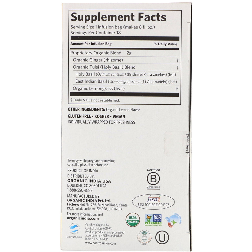 Indien, Tulsi te, citron ingefær, koffeinfri, 18 infusionsposer, 1,27 oz (36 g)