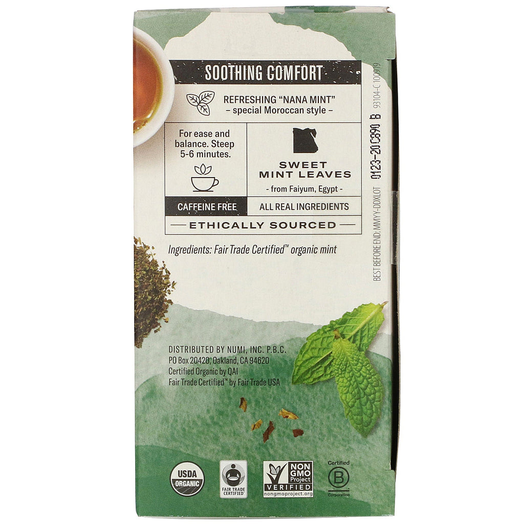Numi te, urtetesan, marokkansk mynte, koffeinfri, 18 teposer, 1,40 oz (39,6 g)