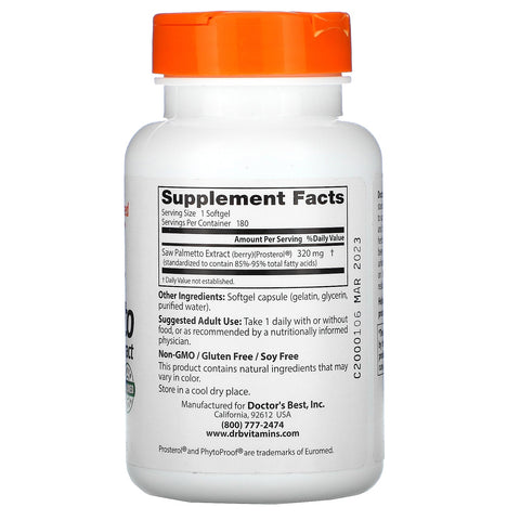 Doctor's Best, Saw Palmetto, Standardiseret ekstrakt, 320 mg, 180 Softgels