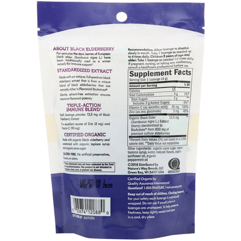 Nature's Way, Sambucus, zinkpastiller, pebermynte, 24 sugetabletter