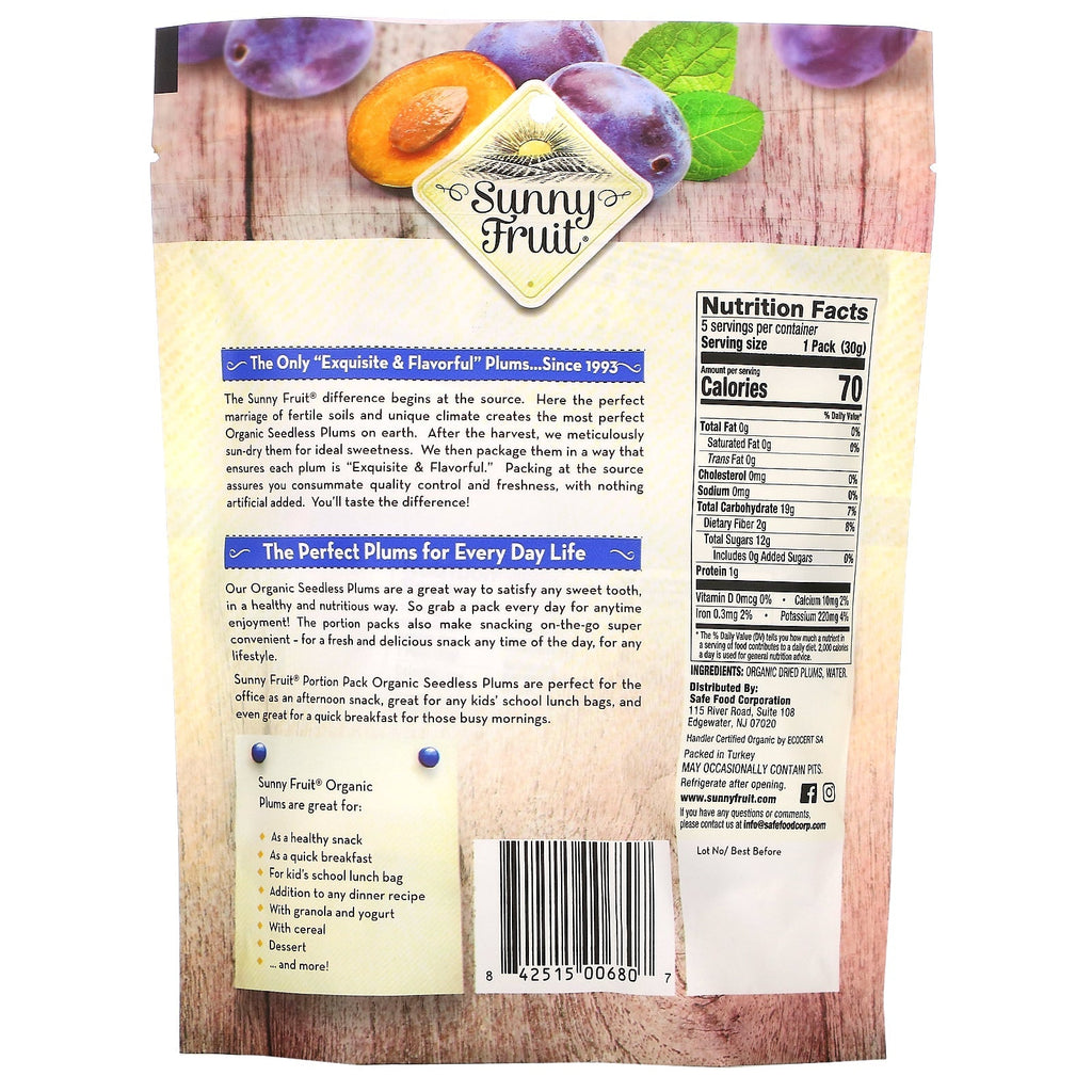 Sunny Fruit, tørrede blommer, 5 portionspakker, 1,06 oz (30 g) hver