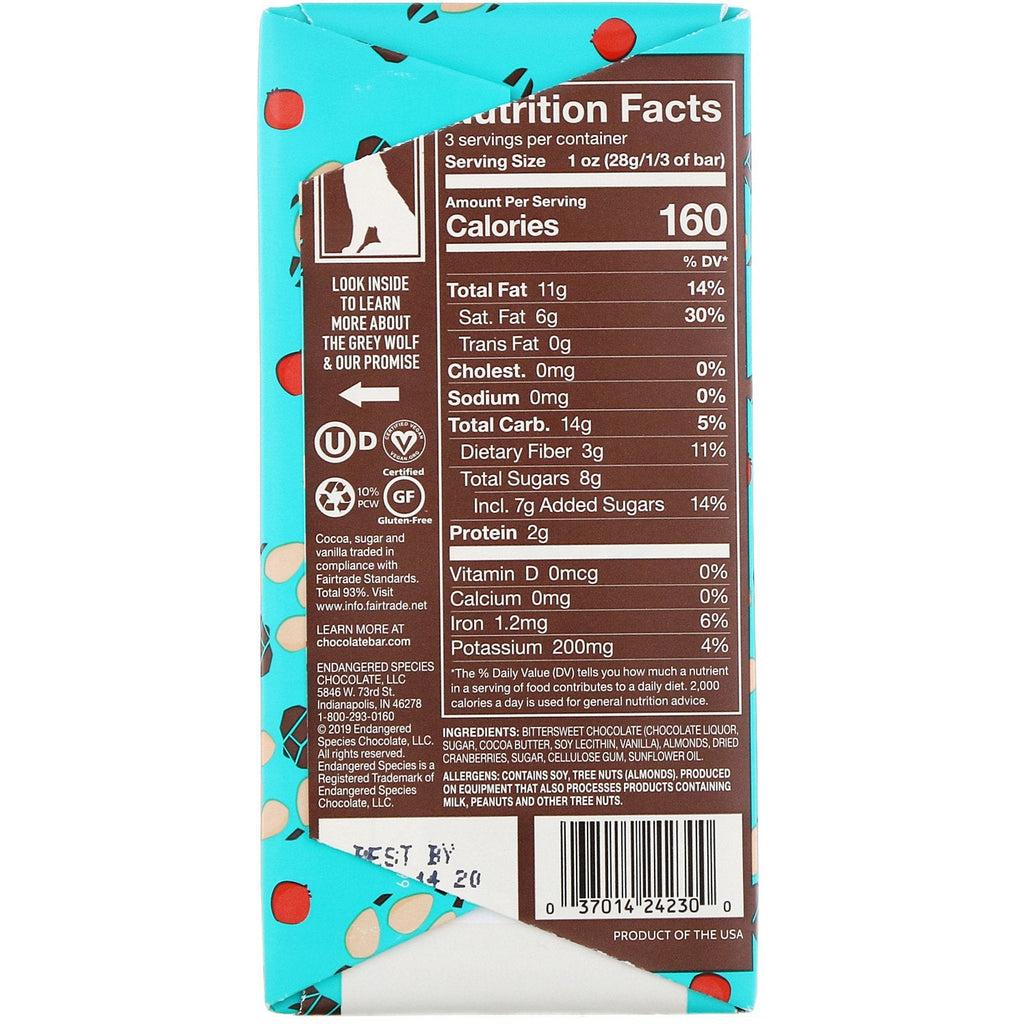 Truede arter chokolade, tranebær, mandler + mørk chokolade, 72% kakao, 3 oz (85 g)