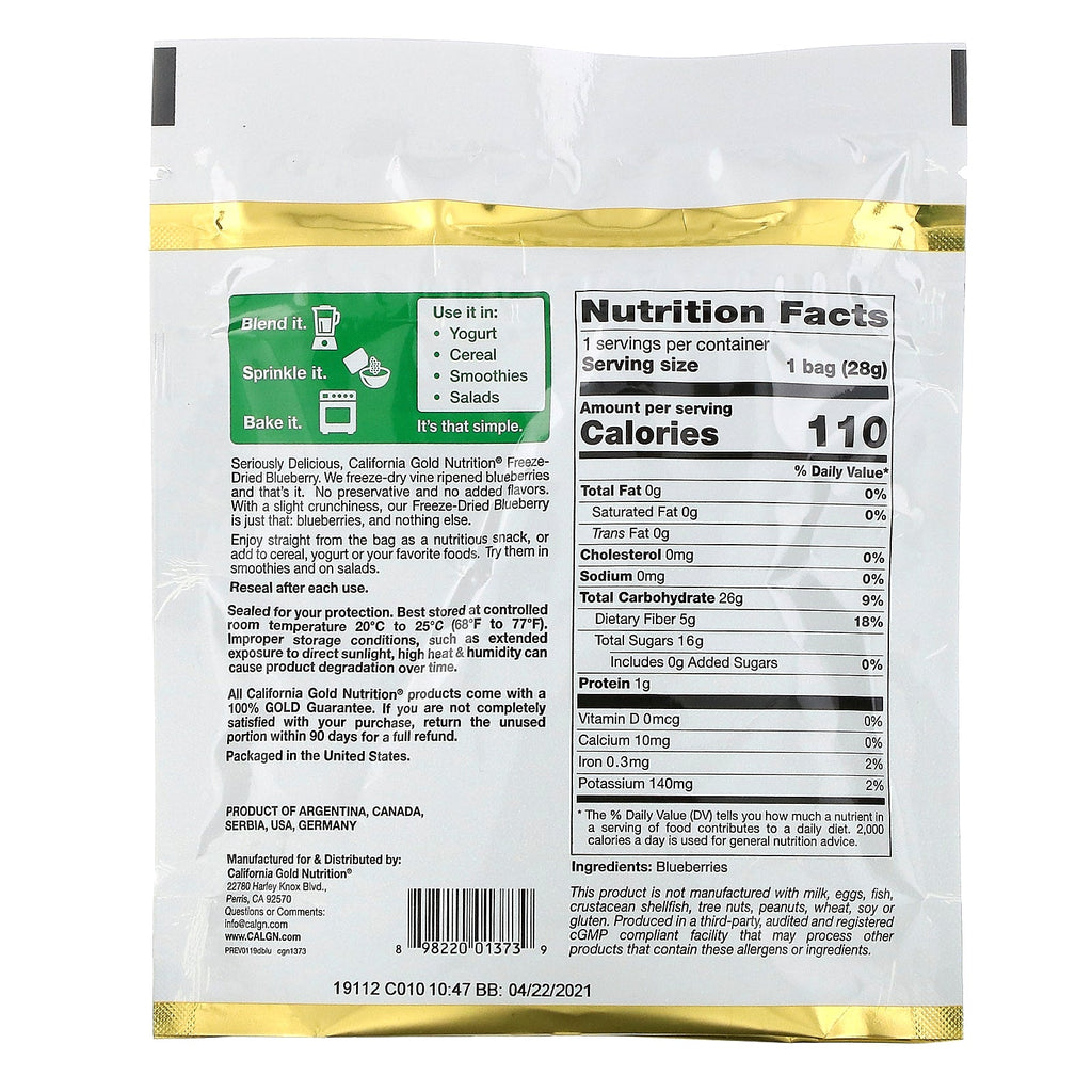 California Gold Nutrition, frysetørrede blåbær, klar til at spise hele frysetørrede bær, 1 oz (28 g)