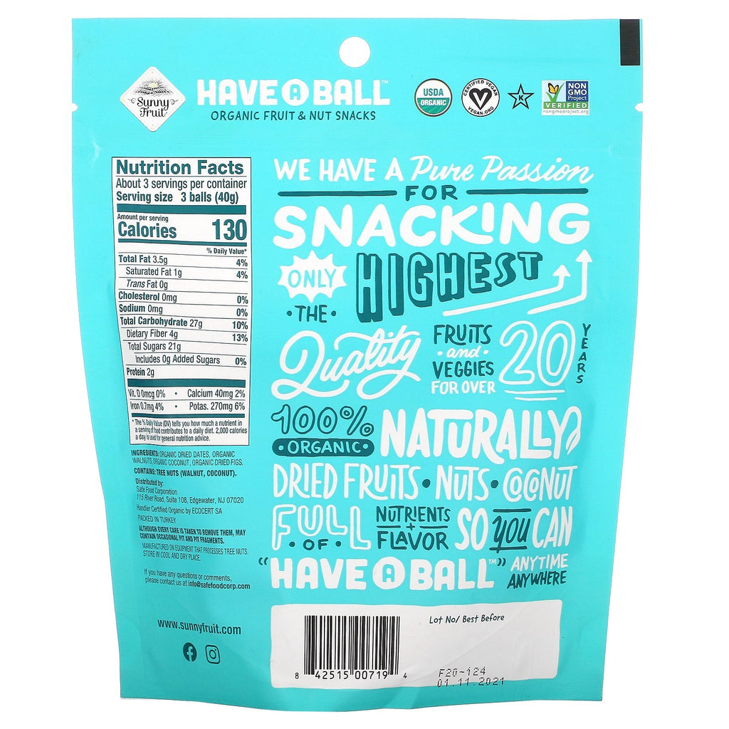 Sunny Fruit, have a ball, frugt- og nøddesnacks, figen og valnød, 4,44 oz (126 g)