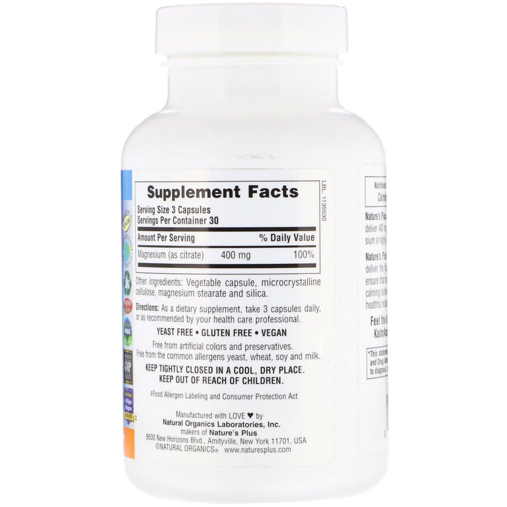 Nature's Plus, Kalmassure, Magnesium, 400 mg, 90 veganske kapsler