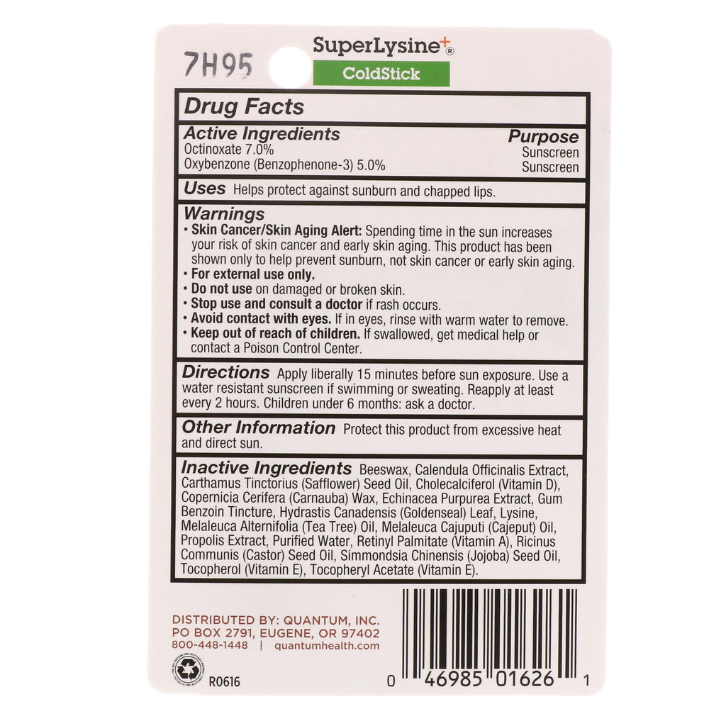 Quantum Health, Super Lysine+, ColdStick, Lip Treatment &amp; Protectant, SPF 21, 0,17 oz (5 g)