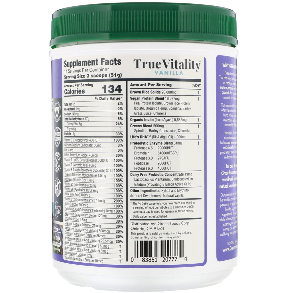 Green Foods, True Vitality, Plant Protein Shake with DHA, Vanilla, 25.2 oz (714 g)