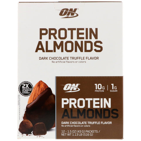 Optimum Nutrition, Almendras proteicas, trufa de chocolate amargo, 12 paquetes, 1,5 oz (43 g) cada uno