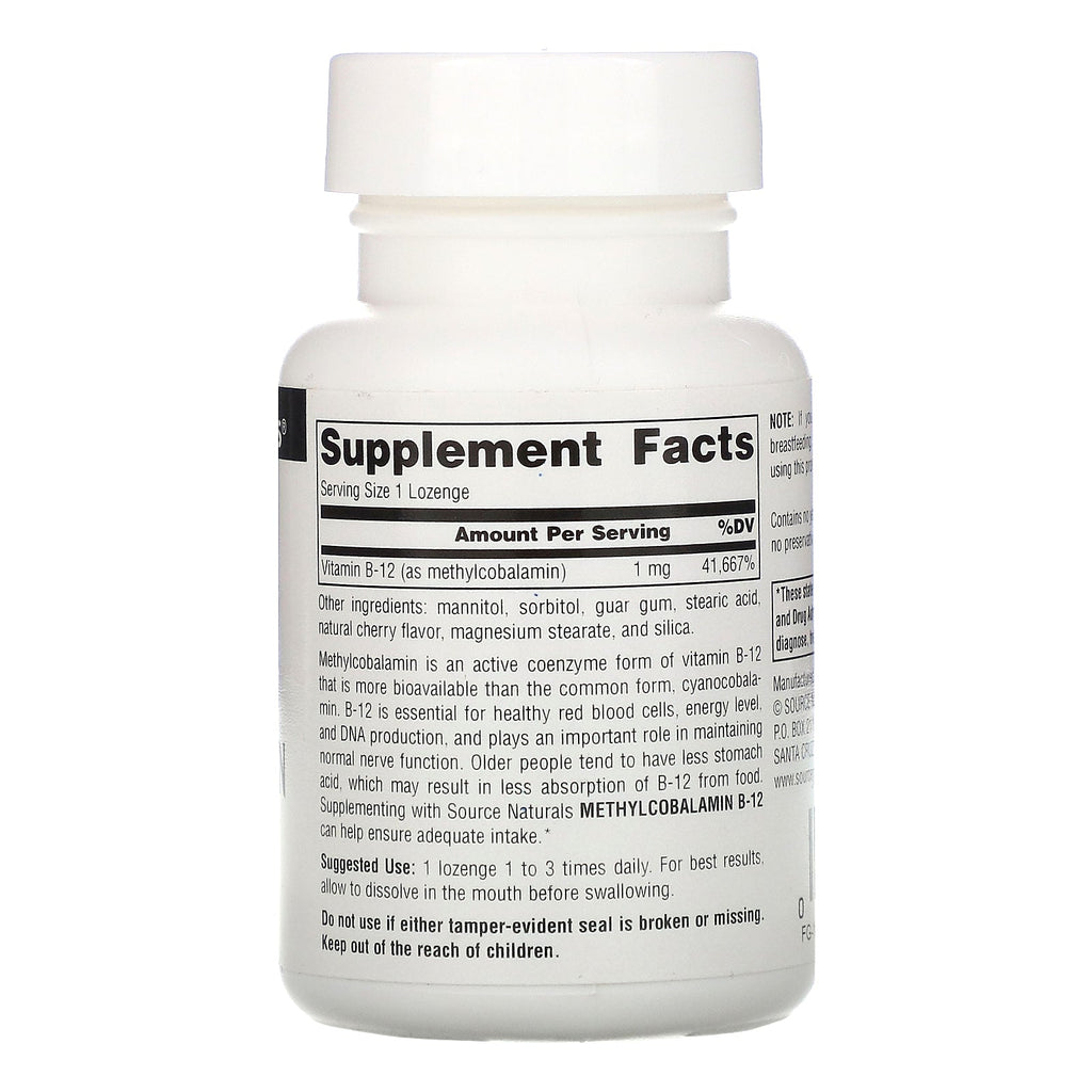 Source Naturals, MethylCobalamin Vitamin B12, Kirsebær, 1 mg, 120 sugetabletter