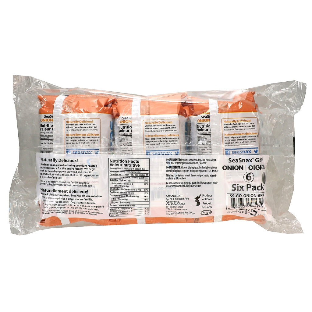 SeaSnax, Grab &amp; Go, Premium ristet tangsnack, Toasty løg, 6 pakker, 0,18 oz (5 g) hver