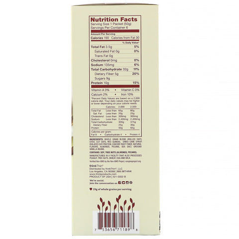 ThinkThin, avena caliente con proteínas y fibra, vainilla de Madagascar, almendras, nueces pecanas, 6 paquetes, 50 g (1,76 oz) cada uno
