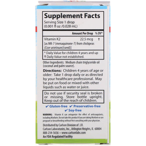Carlson Labs, Kid's, Super Daily K2, 22,5 mcg, 0,34 fl oz (10,16 ml)