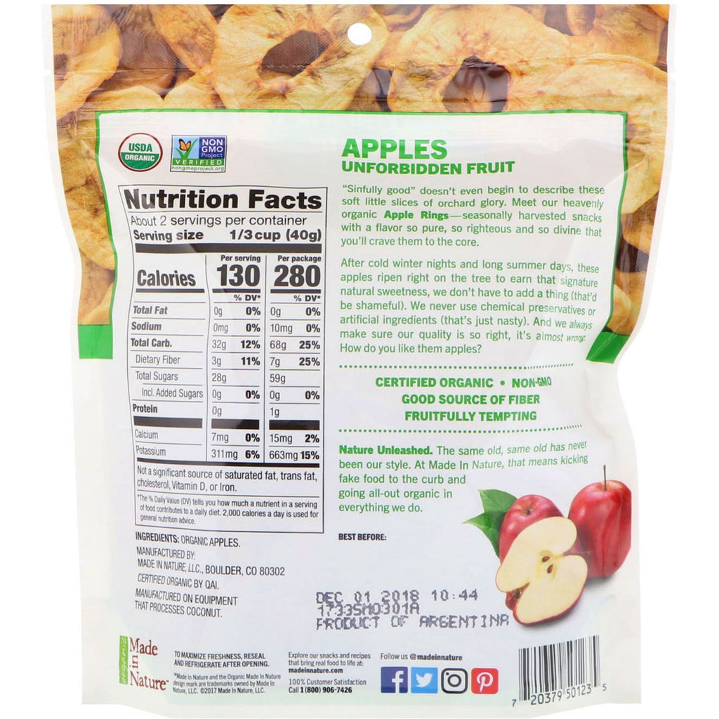 Lavet i naturen, tørrede æbleringe, hardcored supersnacks, 3 oz (85 g)