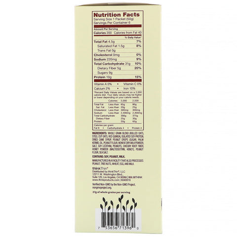 ThinkThin, avena caliente con proteínas y fibra, mantequilla de maní y miel, 6 paquetes, 50 g (1,76 oz) cada uno
