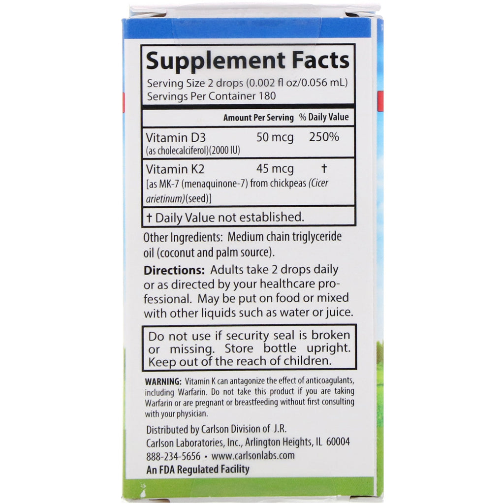 Carlson Labs, flydende vitaminer, Super Daily D3+K2, 50 mcg (2.000 IE) &amp; 45 mcg, 0,34 fl oz (10,16 ml)