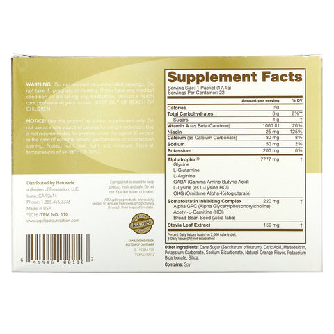 Ageless Foundation Laboratories, UltraMax Gold, Advanced Rejuvenation Formula med Alphatrophin, Valencia Orange Flavor, 22 pakker, 17,4 g hver