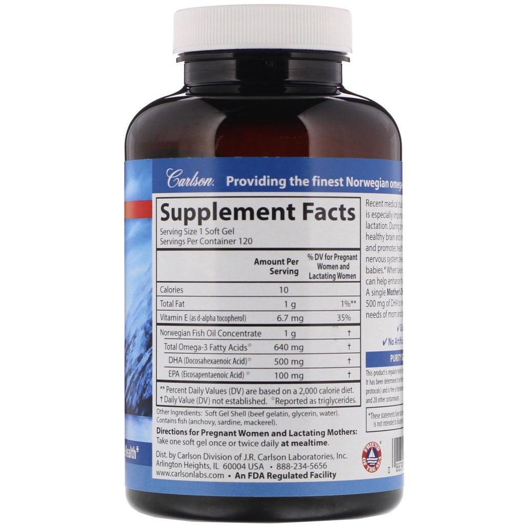 Carlson Labs, Mother's DHA, 500 mg, 120 Soft Gels