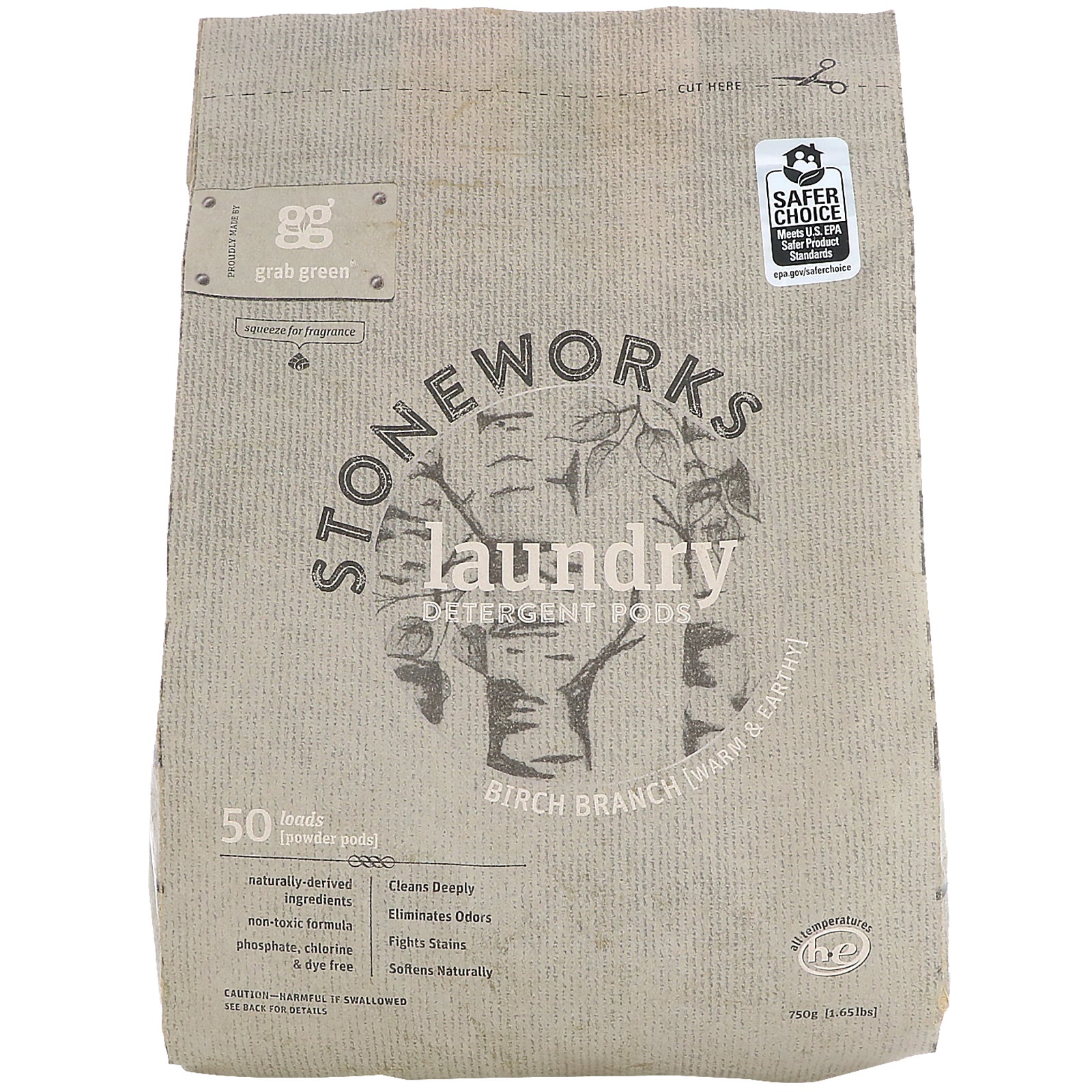 Grab Green, Stoneworks, Laundry Detergent Pods, Birch Branch, 50 Loads, 1.65 lbs (750 g)