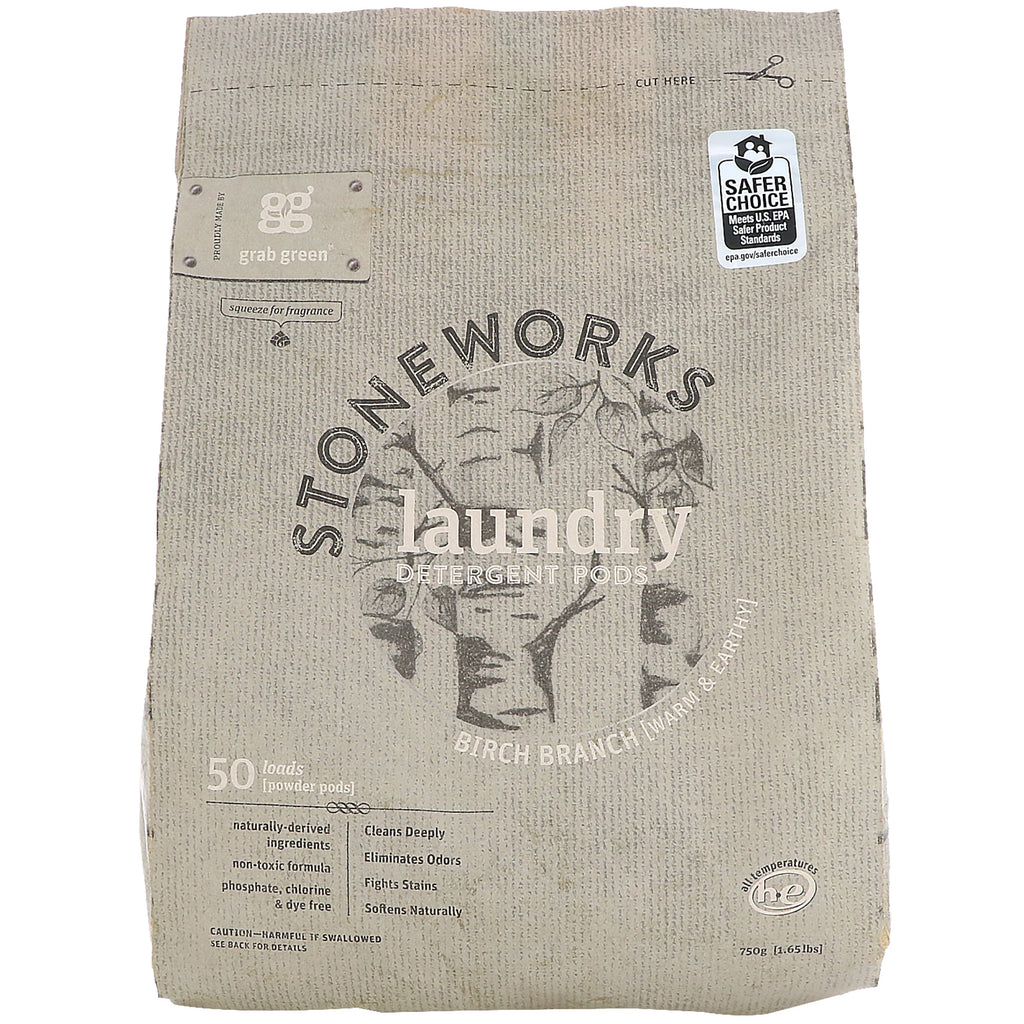 Grab Green, Stoneworks, Laundry Detergent Pods, Birch Branch, 50 Loads, 1.65 lbs (750 g)