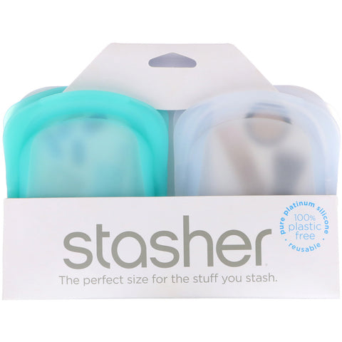 Stasher, Reusable Silicone Pocket, Clear &amp; Aqua, 2 Pack, 4 oz (42 g) Each