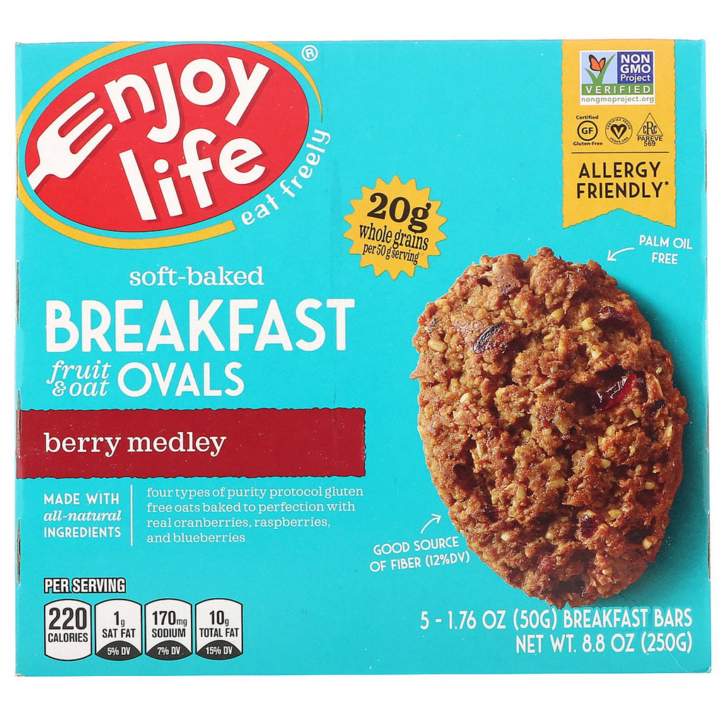 Enjoy Life Foods, Soft-Baked Breakfast  Fruit & Oat Ovals, Berry Medley, 5 Bars, 1.76 oz (50 g) Each