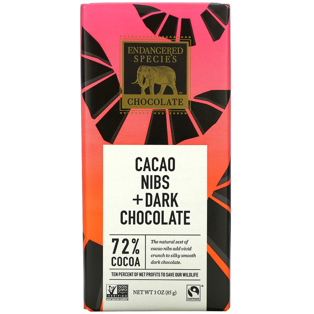 Endangered Species Chocolate, Cacao Nibs + Dark Chocolate, 72% Cocoa, 3 oz (85 g)