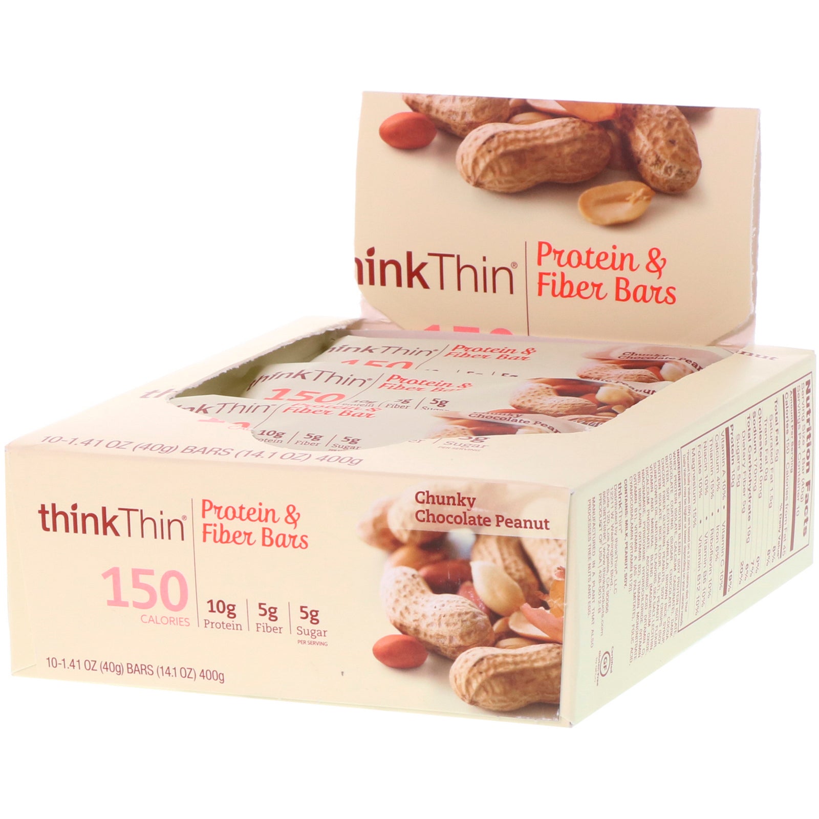 ThinkThin, Protein & Fiber Bars, Chunky Chocolate Peanut, 10 Bars, 1.41 oz (40 g) Each
