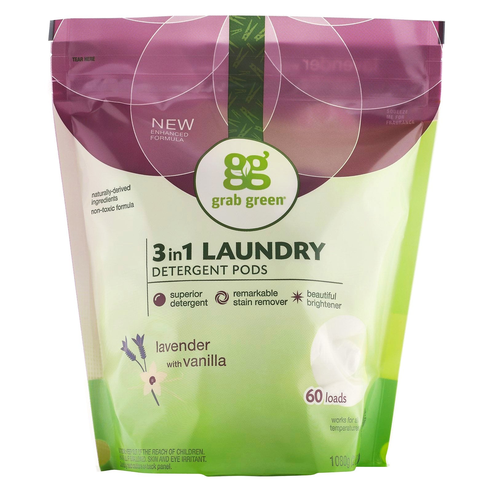 Grab Green, 3-in-1 Laundry Detergent Pods, Lavender with Vanilla, 60 Loads,2lbs, 6oz (1,080 g)
