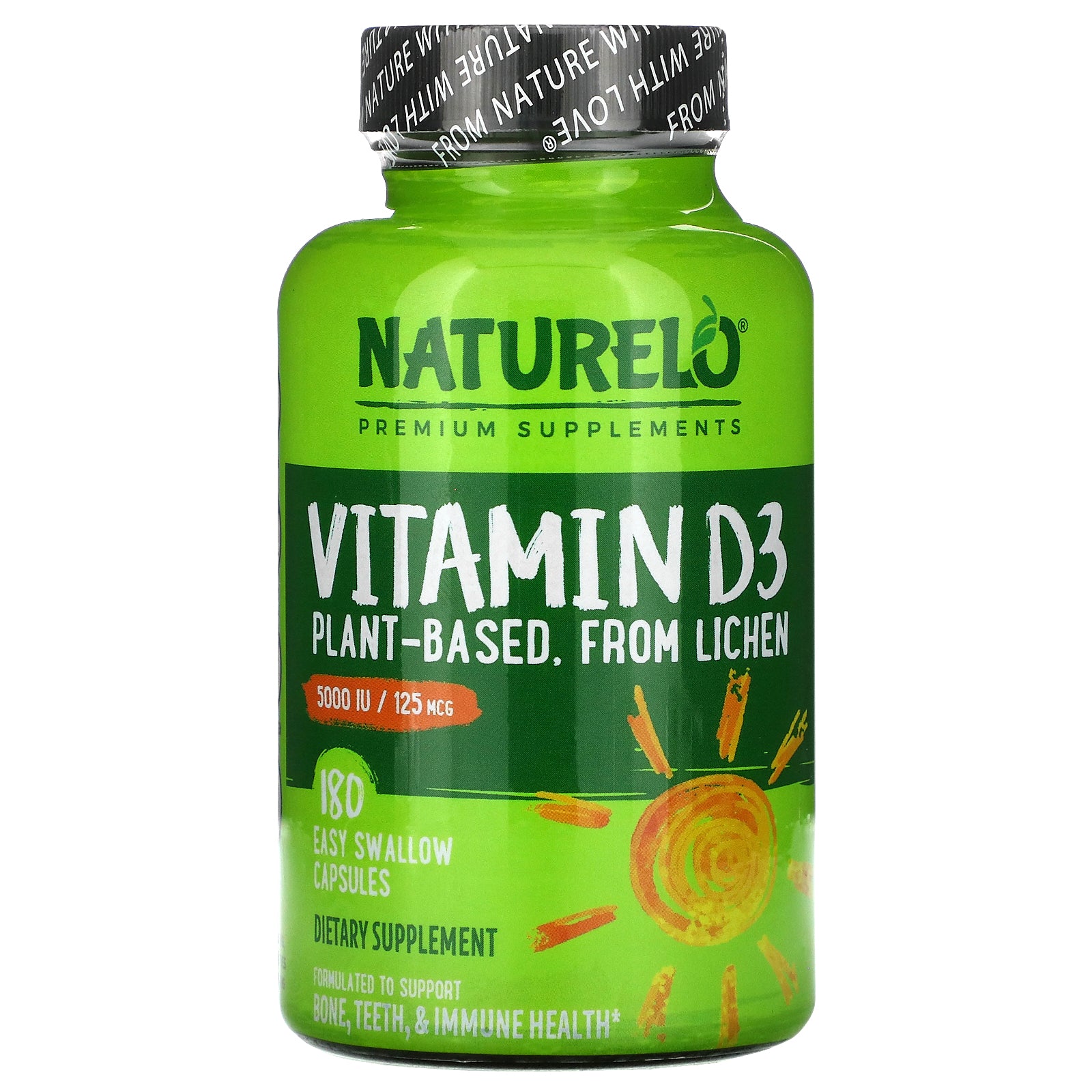 NATURELO, Vitamin D3, Plant Based, 125 mcg (5,000 IU), 180 Easy Swallow Capsules