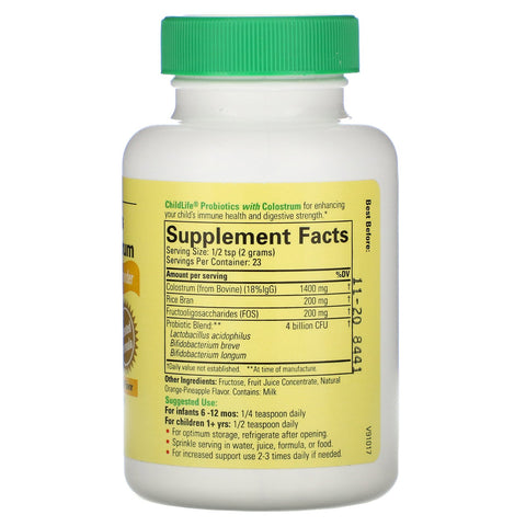 ChildLife, probiotika med råmælkpulver, naturlig appelsin/ananas smag, 1,7 oz