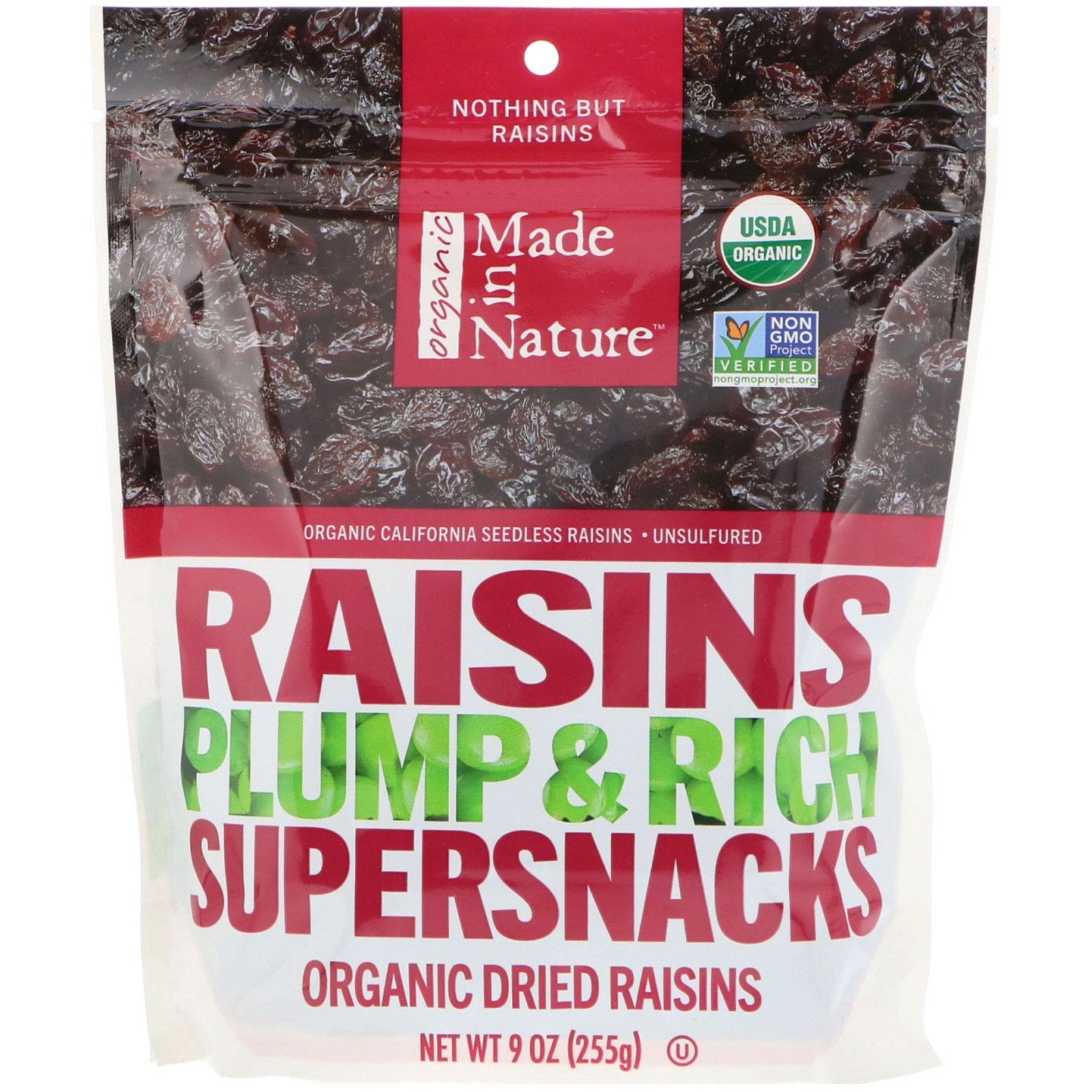 Made in Nature, Organic Dried Raisins, Plump & Rich Supersnacks, 9 oz (255 g)