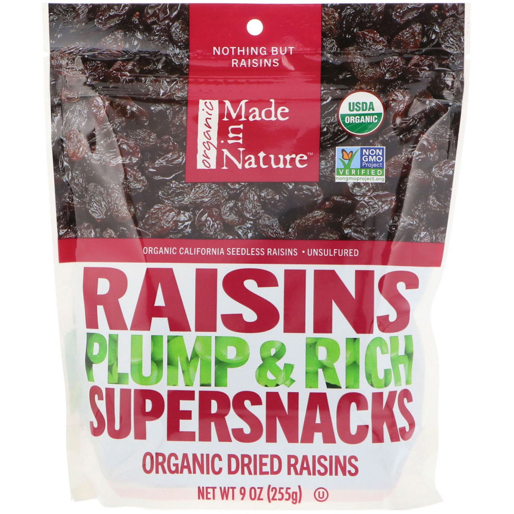 Made in Nature, Organic Dried Raisins, Plump & Rich Supersnacks, 9 oz (255 g)