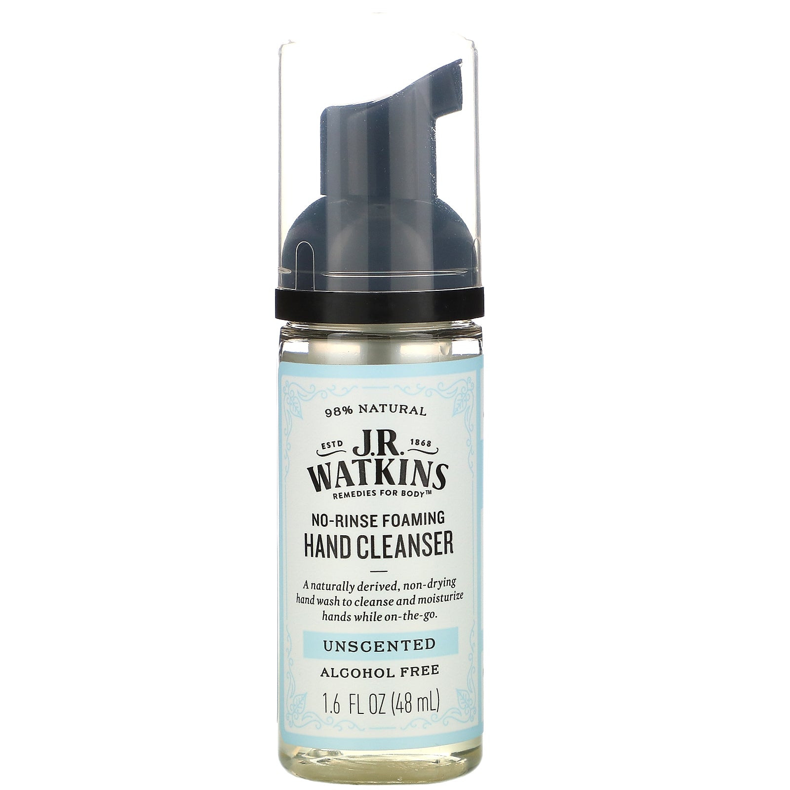 J R Watkins, No-Rinse Foaming Hand Cleanser, Unscented, 1.6 fl oz (48 ml)