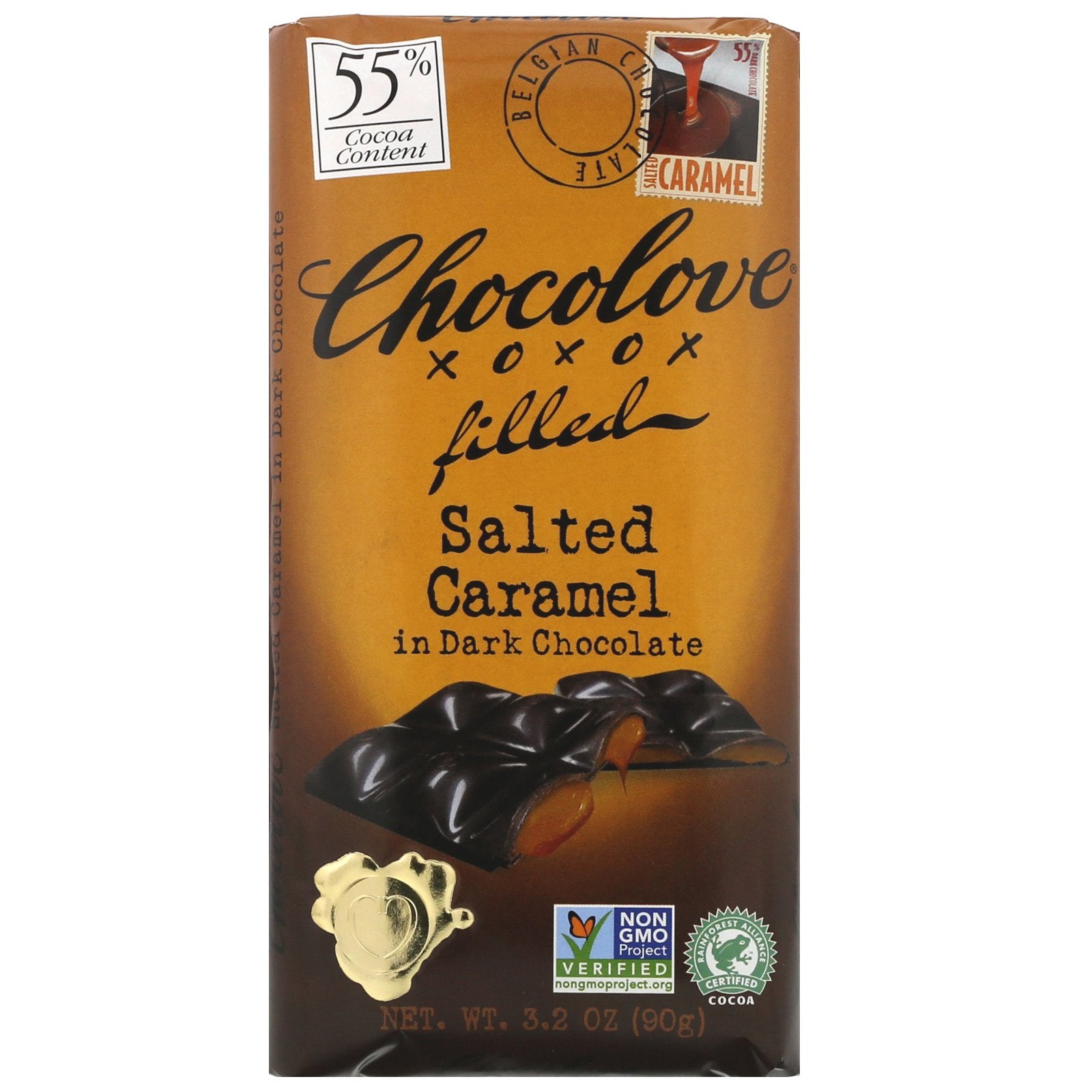 Chocolove, Chocolate Filled Salted Caramel in Dark Chocolate, 55% Cocoa, 3.2 oz (90 g)