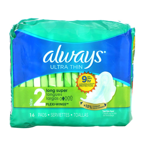 Always, Ultra Thin with Wings, Size 2, Long Super, 16 Pads