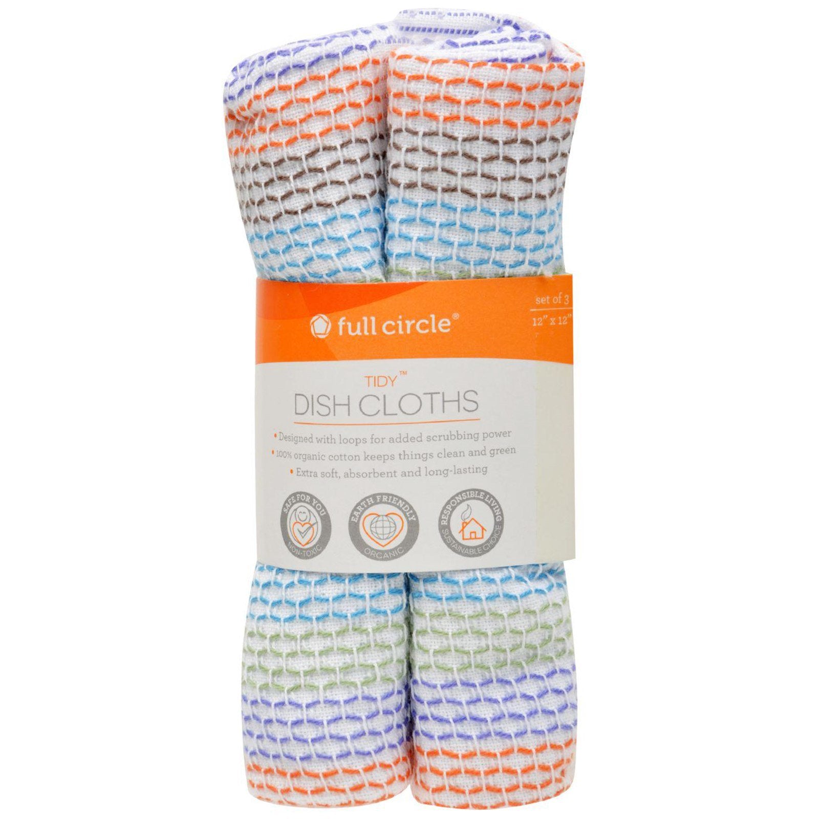 Full Circle, Tidy Dish Cloths, Set of 3, 12" x 12" Each