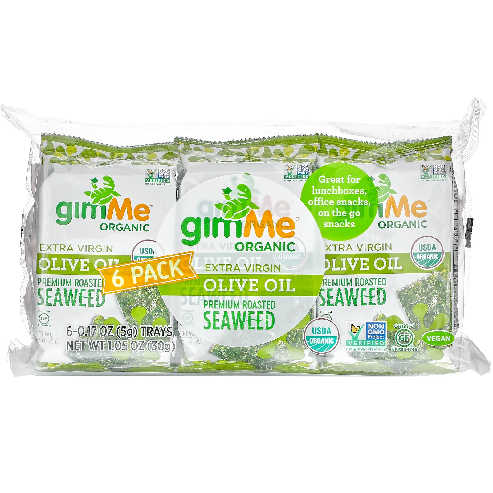 gimMe, Premium Roasted Seaweed, Extra Virgin Olive Oil, 6 Pack. 0.17 oz (5 g) Each