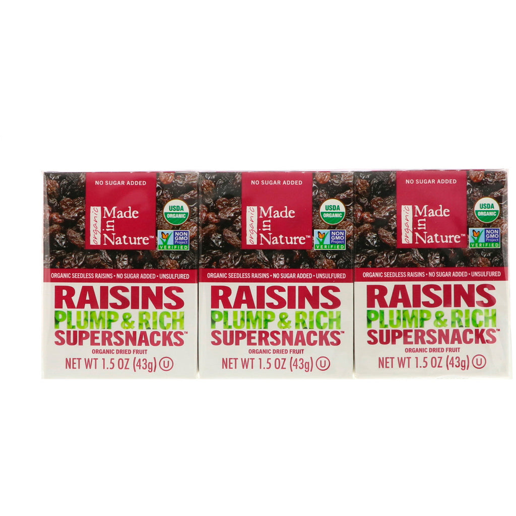 Made in Nature, Organic Dried Raisins, Plump & Rich Supersnacks, 6 Pack, 1.5 oz (43 g) Each