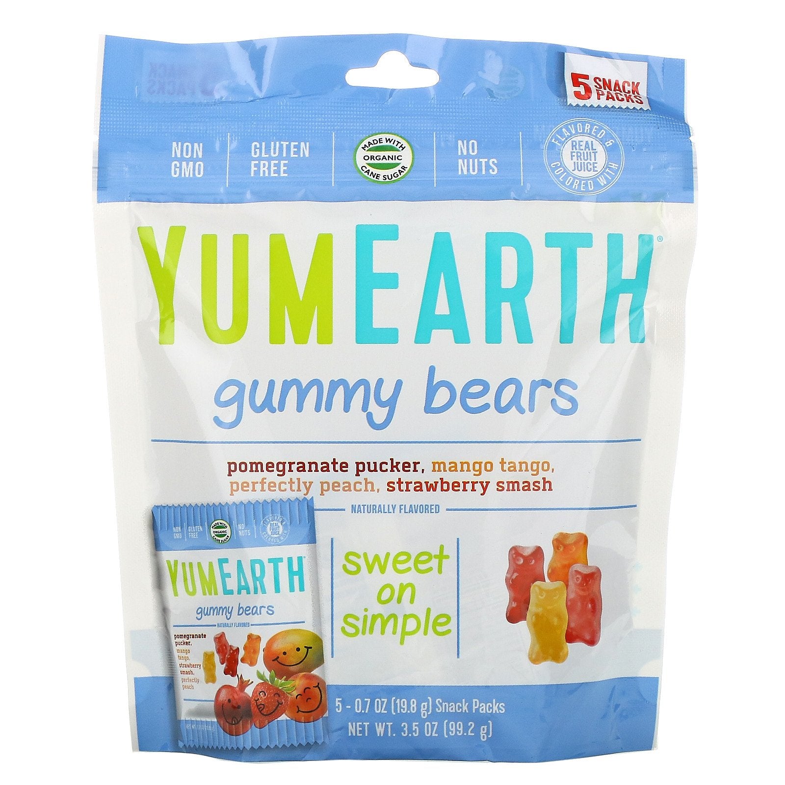 YumEarth, Gummy Bears, Assorted Flavors, 5 Snack Packs, 0.7 oz (19.8 g) Each
