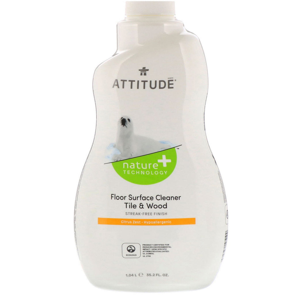 ATTITUDE, Floor Surface Cleaner, For Tile & Wood, Citrus Zest, 35.2 fl oz (1.04 l)